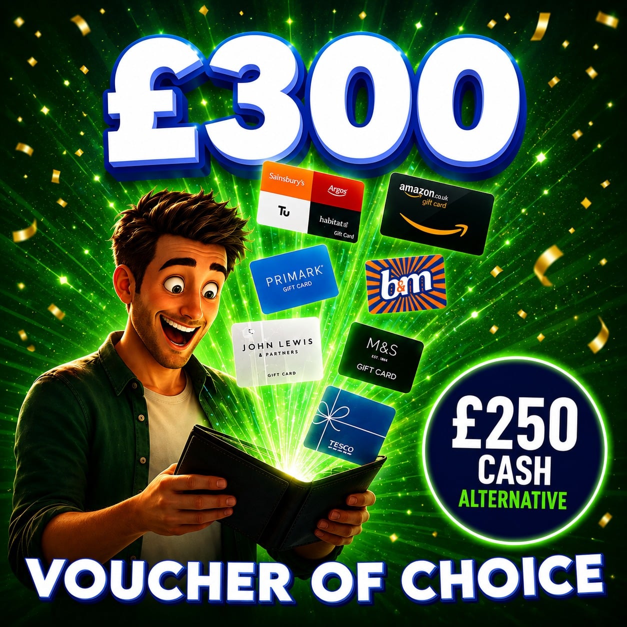 £300 Voucher Of Choice OR £250 Cash